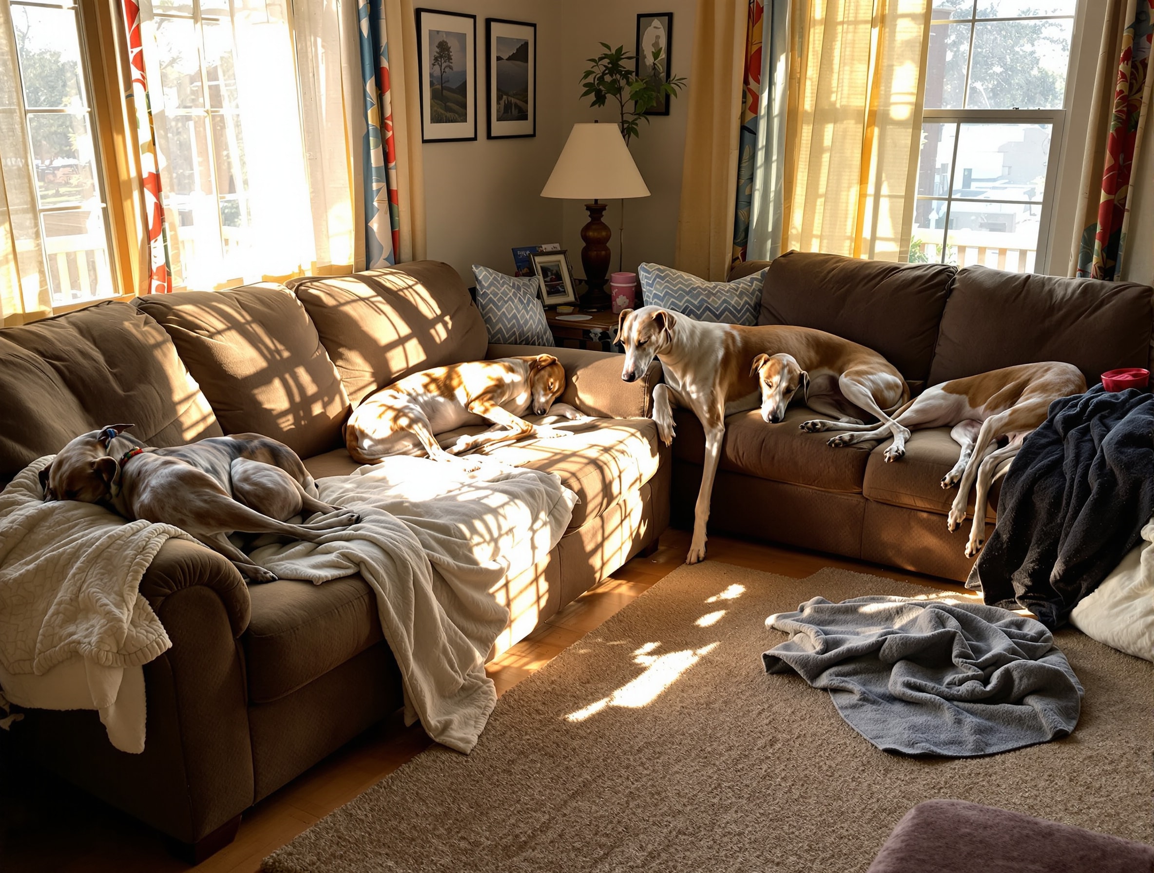 A living room in which every sofa and cushion is occupied by sleeping Greyhounds