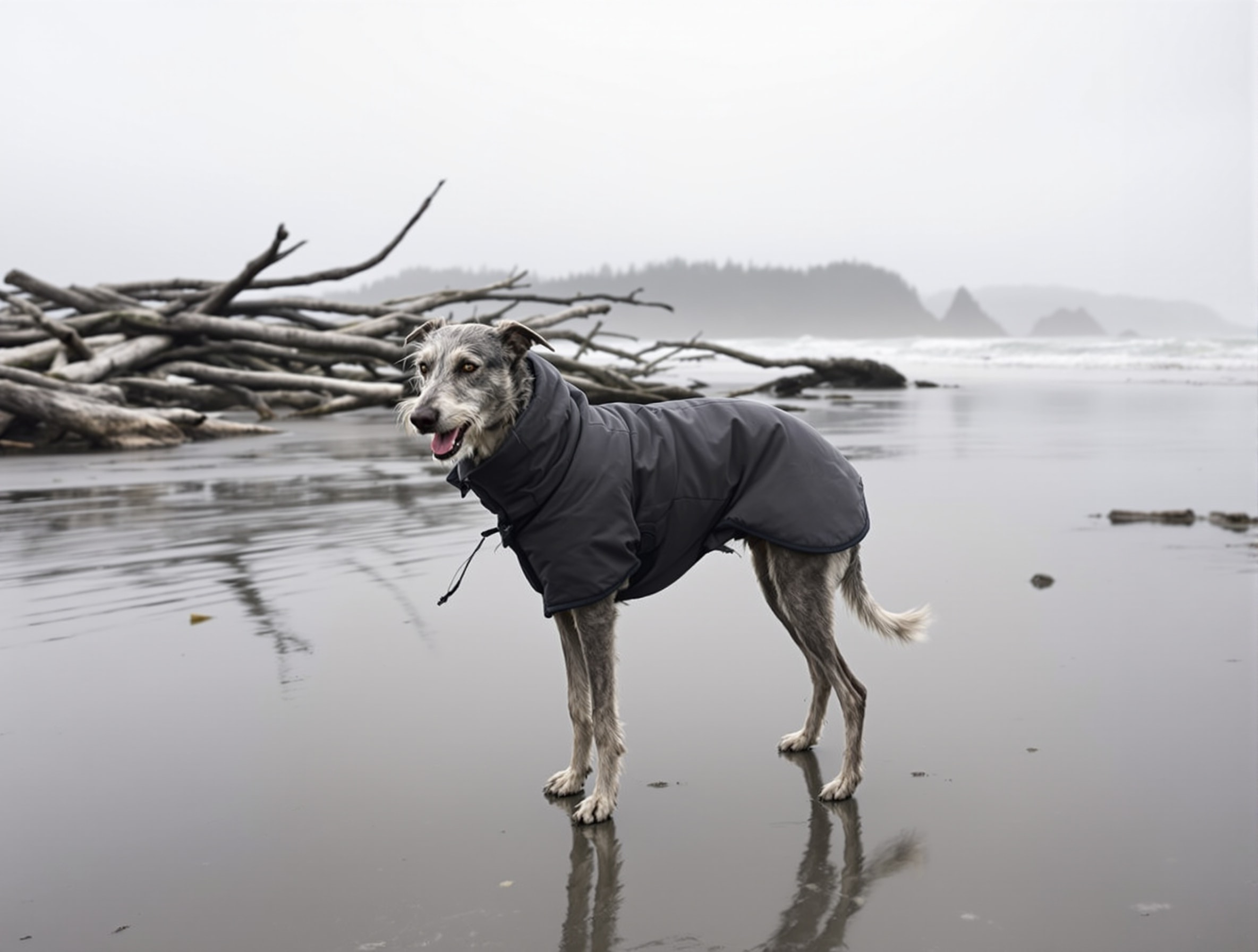 A Greyhound in a padded coat standing on wet sand beside driftwood on a grey Pacific beach