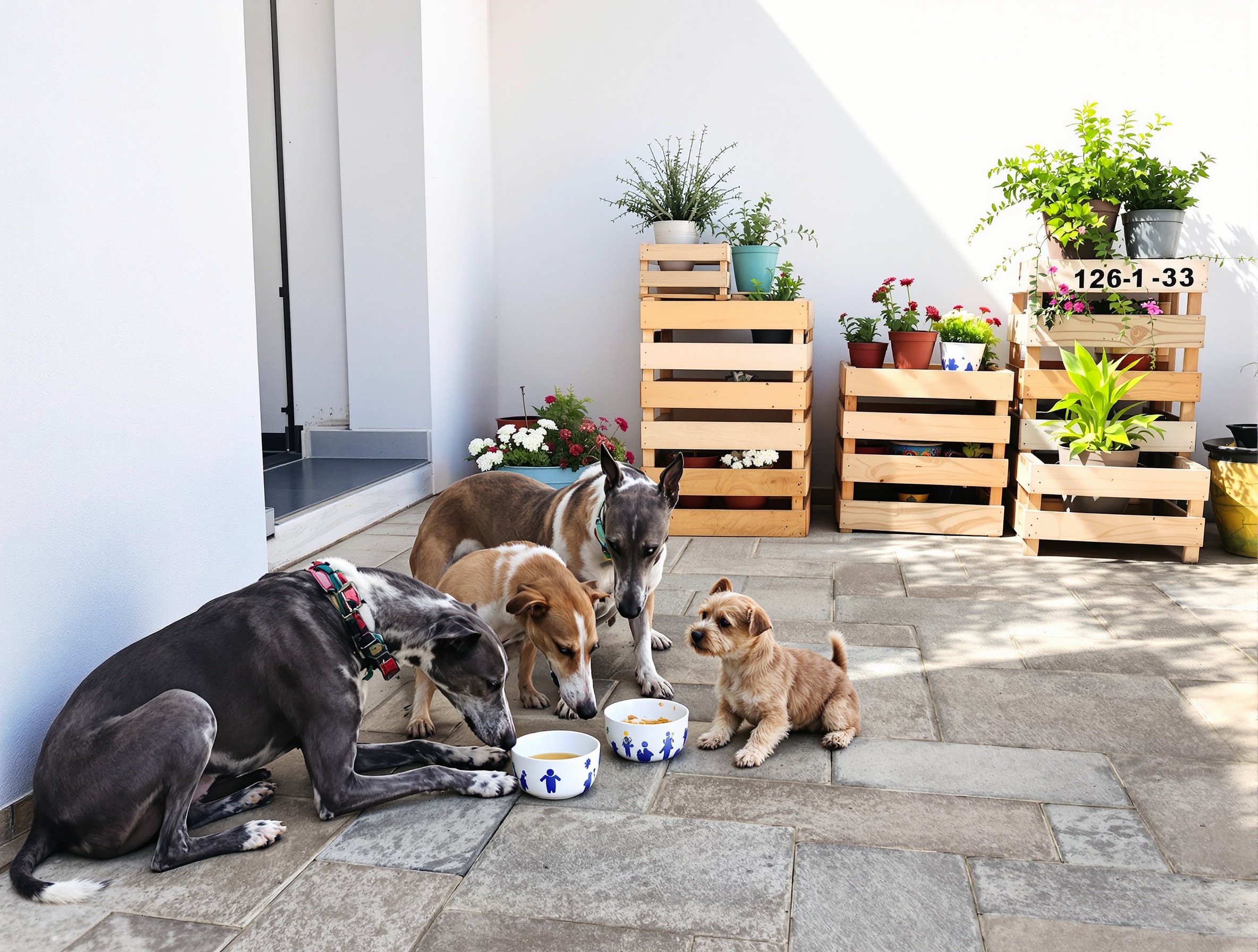 Three dogs and a small terrier eating breakfast from bowls on a sunny stone terrace