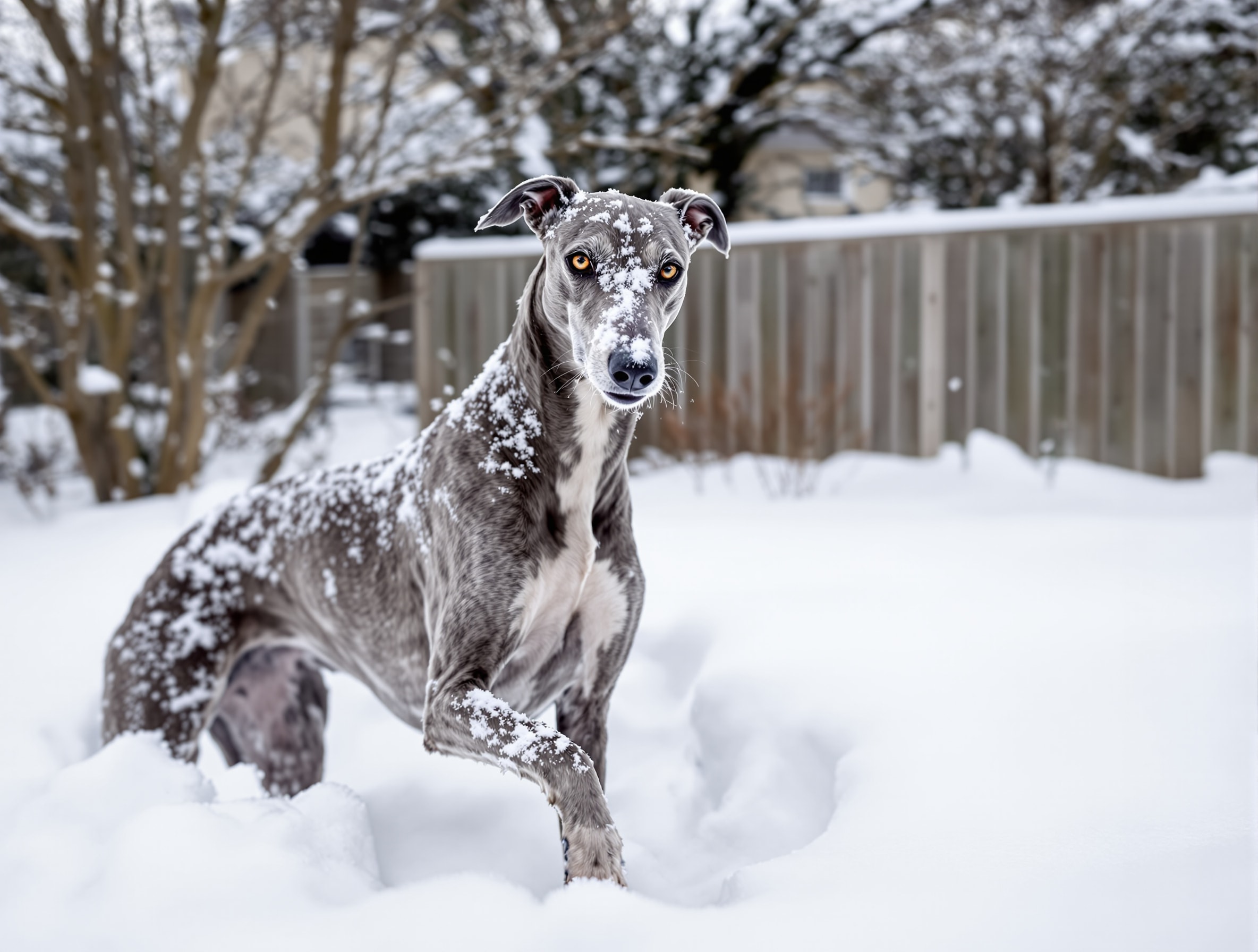 A Greyhound standing in deep fresh snow in a fenced back garden