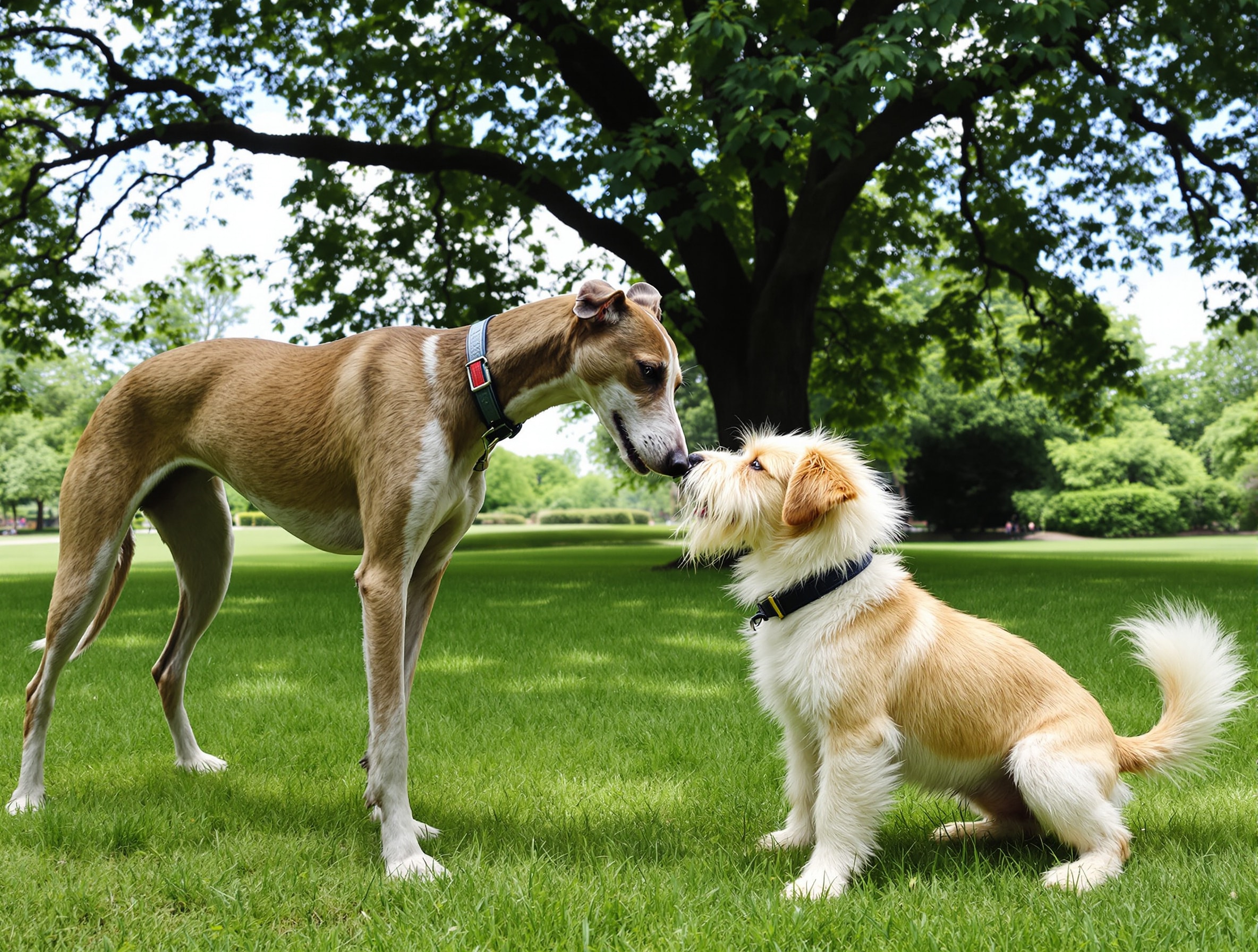 A Greyhound and a small scruffy dog meeting nose to nose on a summer lawn