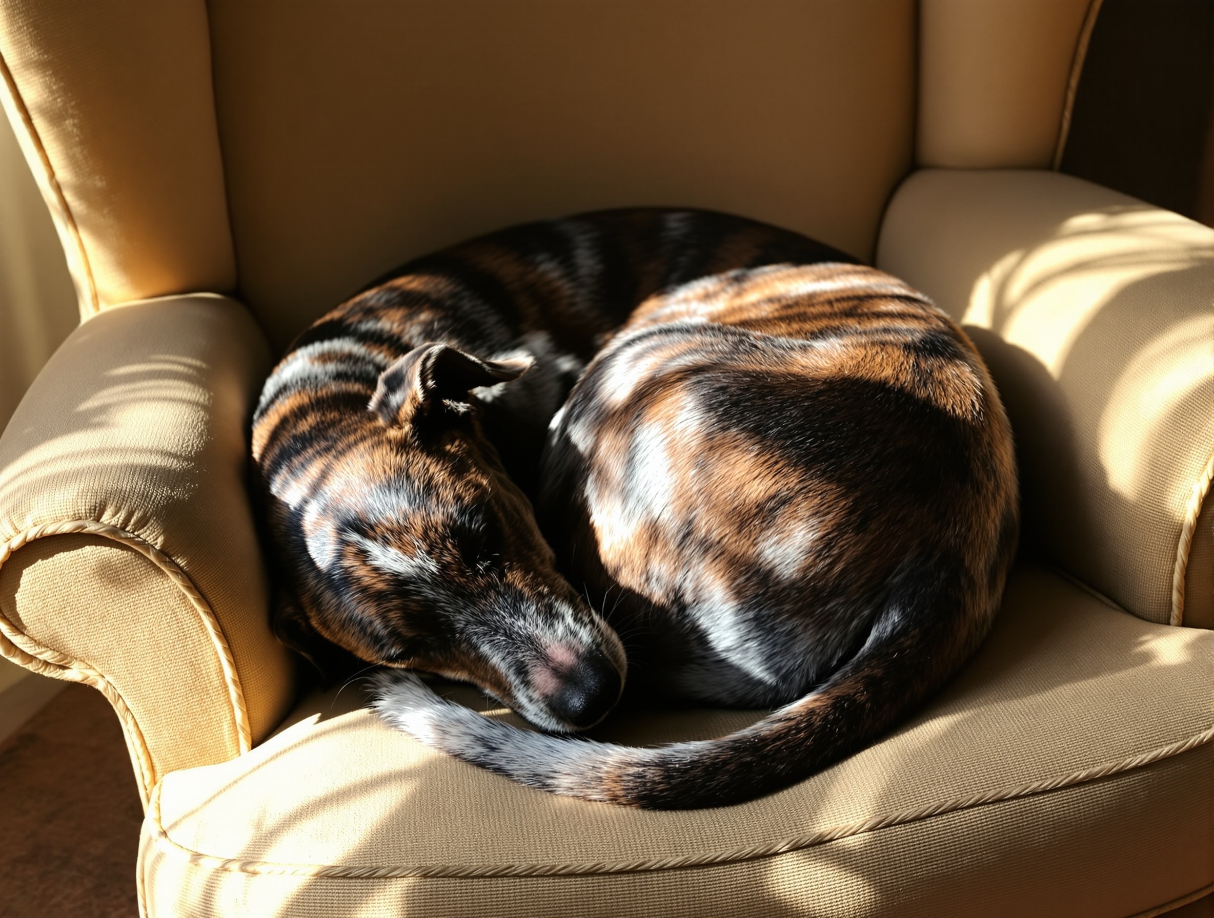 A brindle Greyhound curled improbably small into a single armchair in the afternoon sun