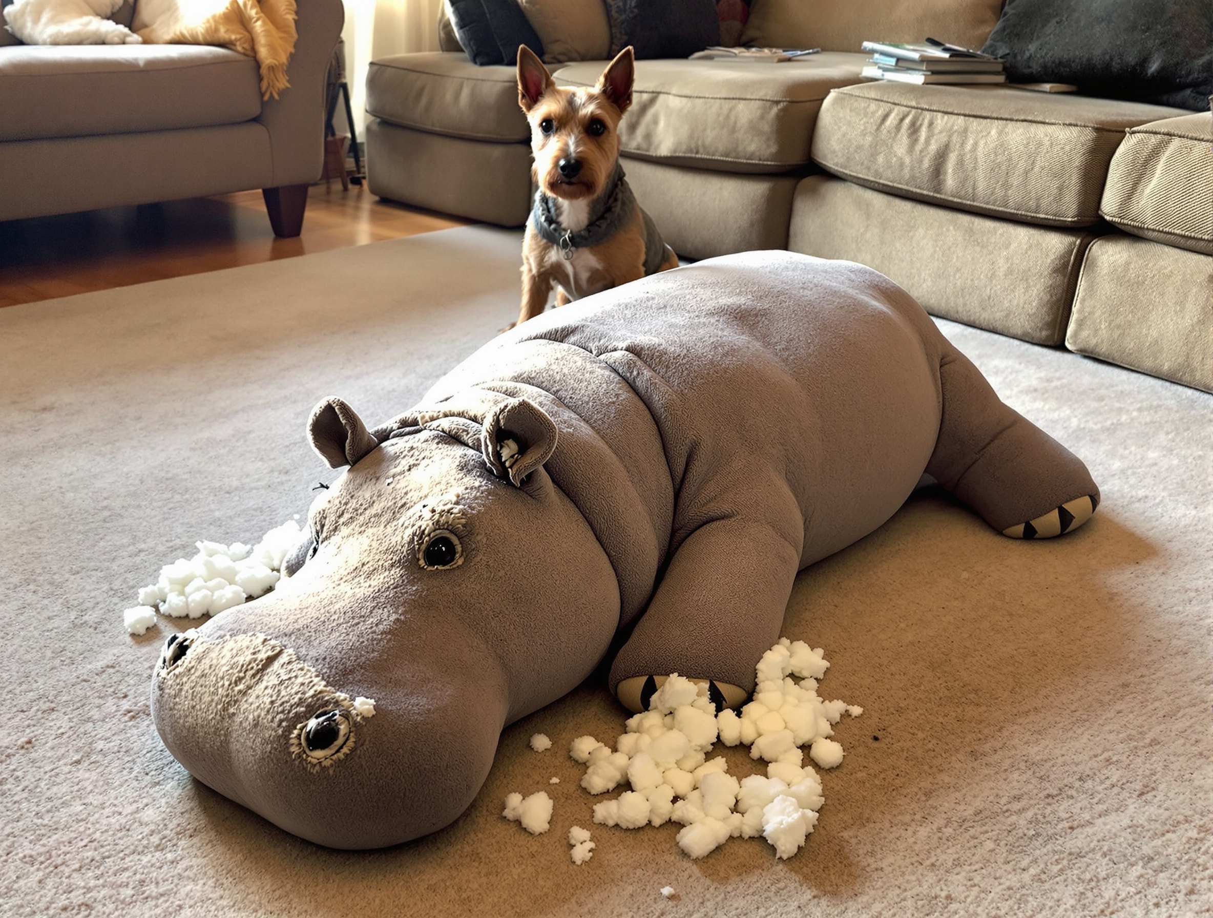 A large plush hippopotamus toy with its stuffing pulled out across the carpet, a terrier watching from the sofa behind