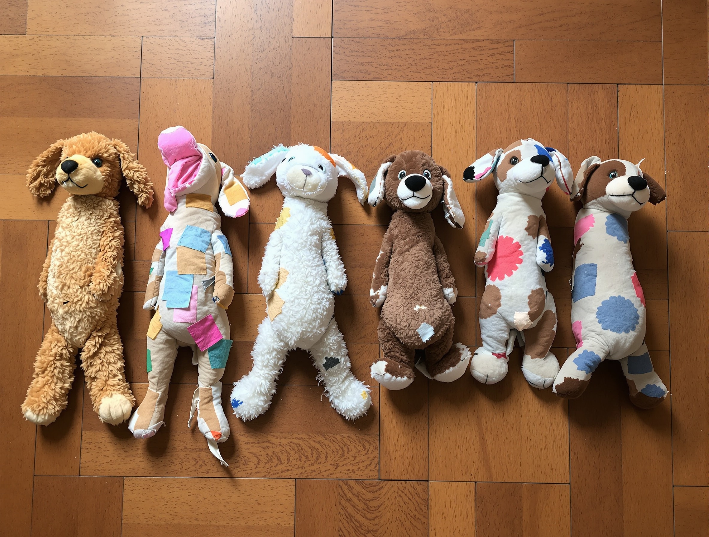 Six very well-loved plush dog toys laid out in a row on a wooden floor, each faded and patched