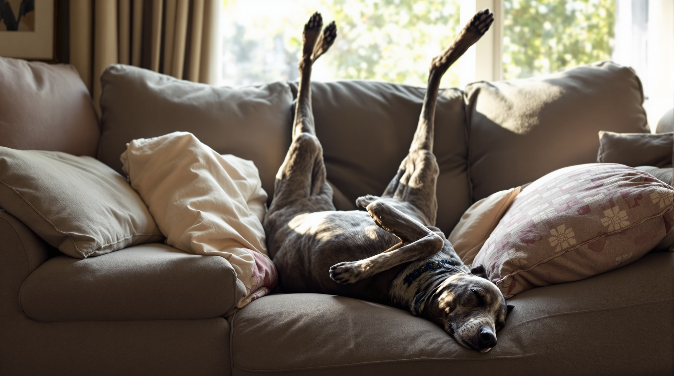 A Greyhound asleep upside down on a couch with all four legs straight up in the air