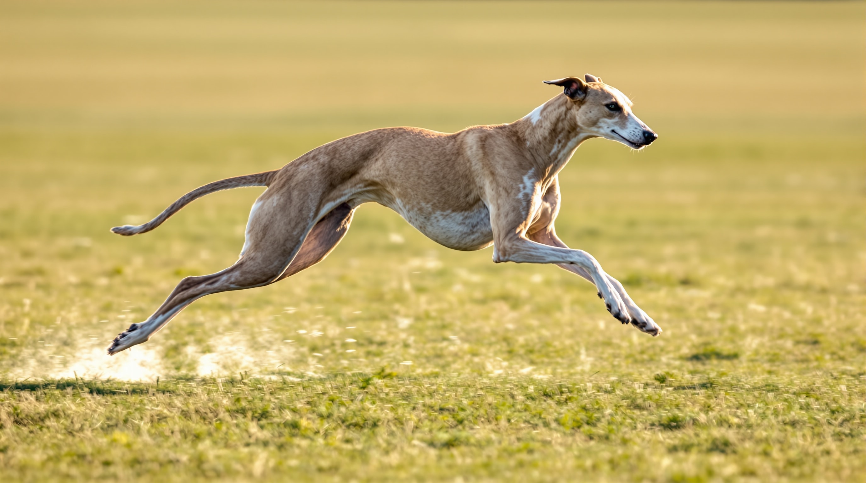 A Greyhound at full gallop across a grass field with all four feet off the ground