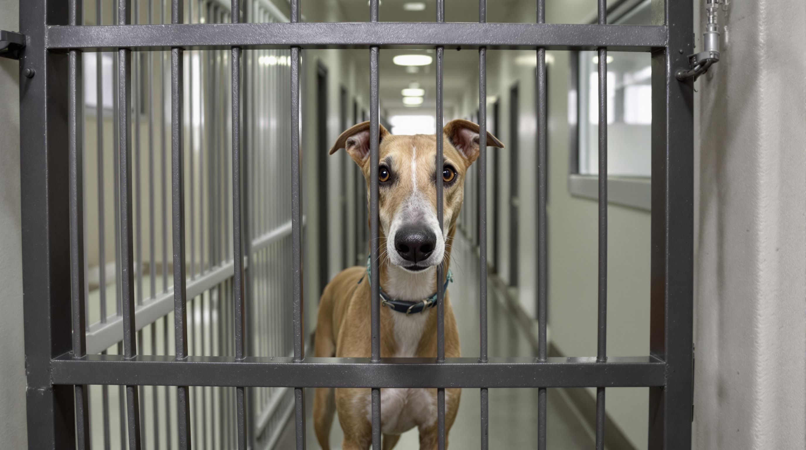 A Greyhound looking out through the bars of an open gate in a clean rescue kennel