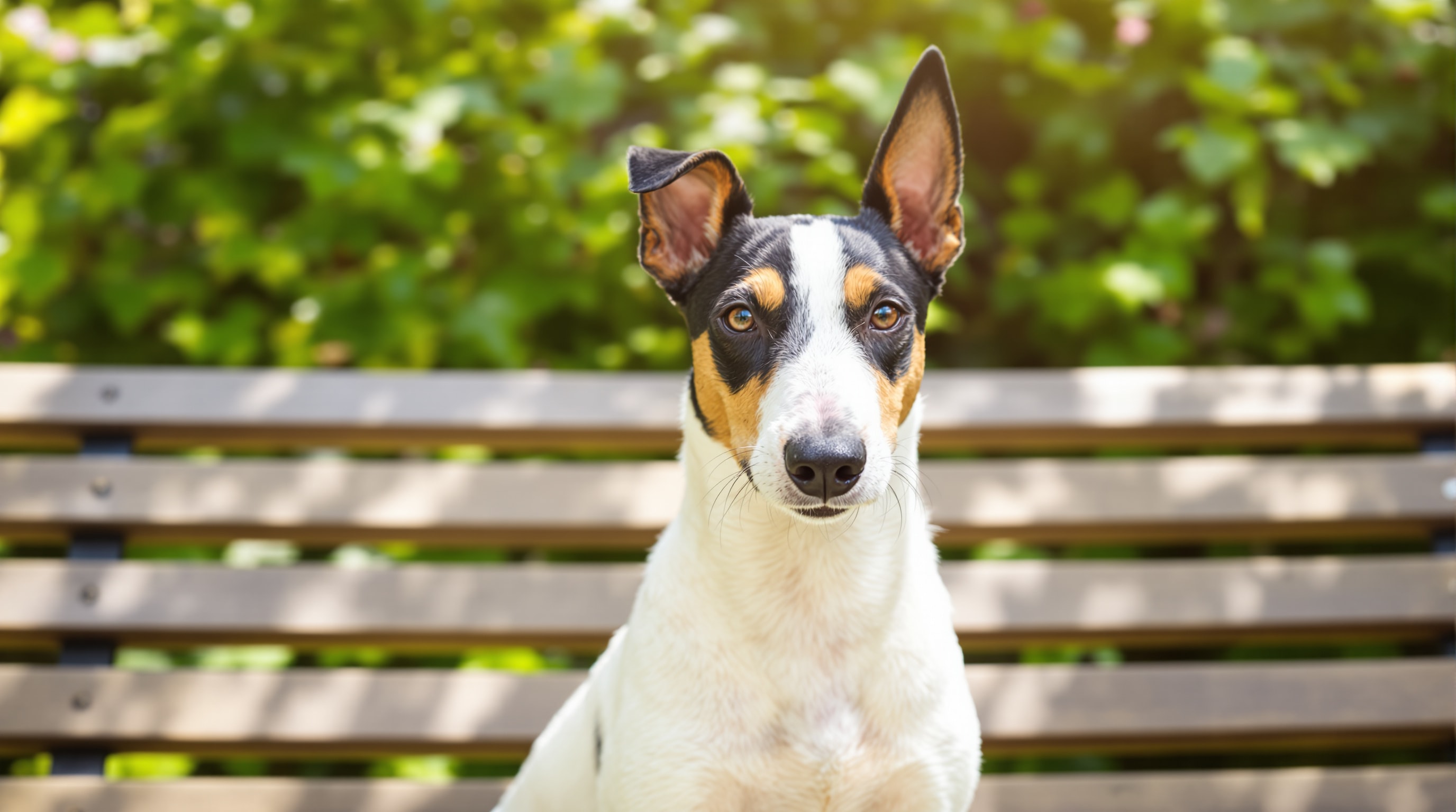 A Smooth Fox Terrier with black and tan head markings sitting on a garden bench