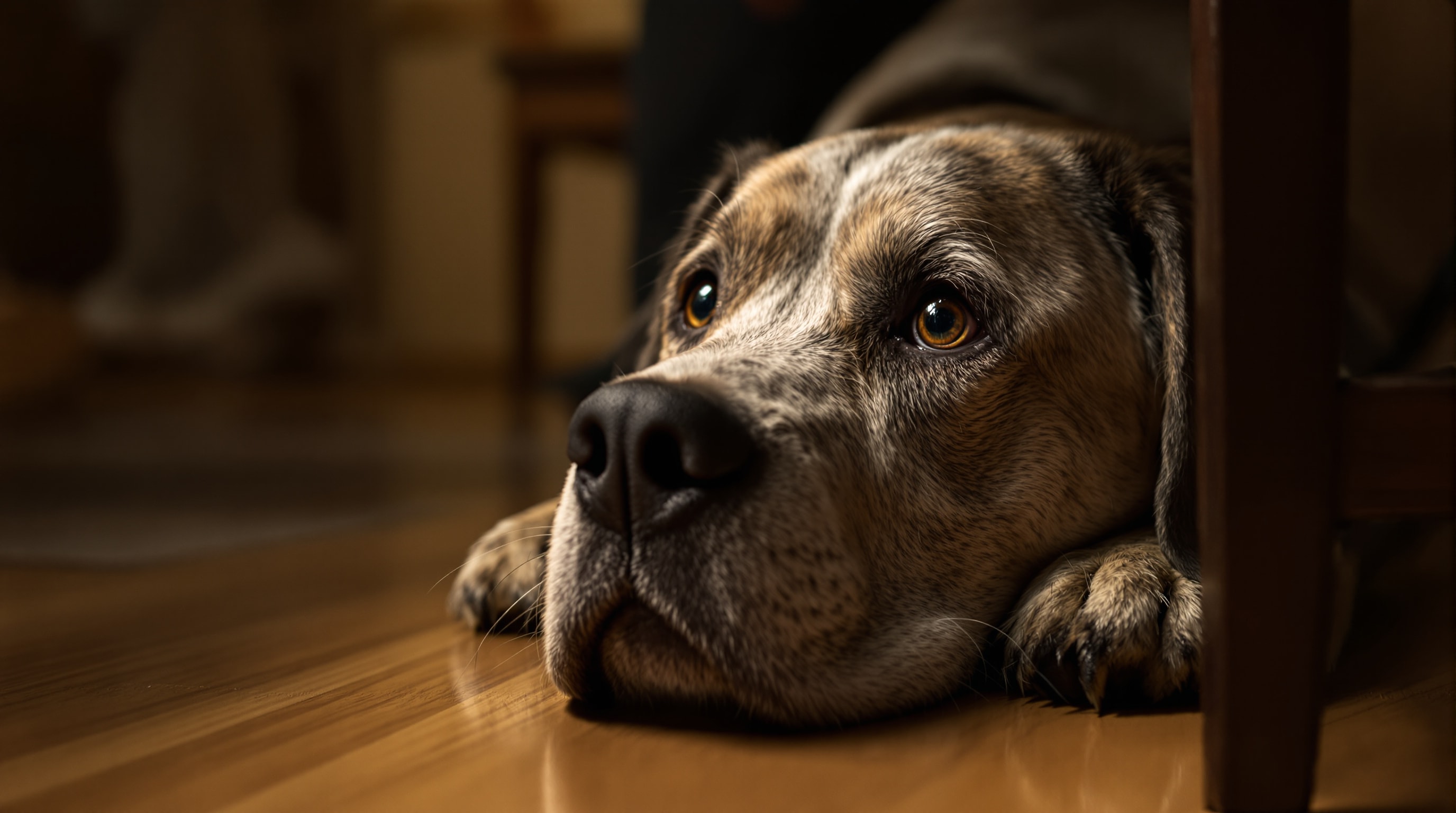 An old dog with a greying muzzle resting his chin on a wooden floor, looking up