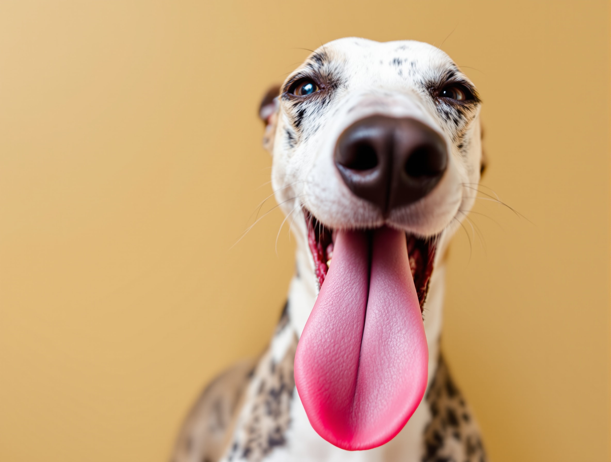 A speckled Greyhound with her long pink tongue hanging out to its full length