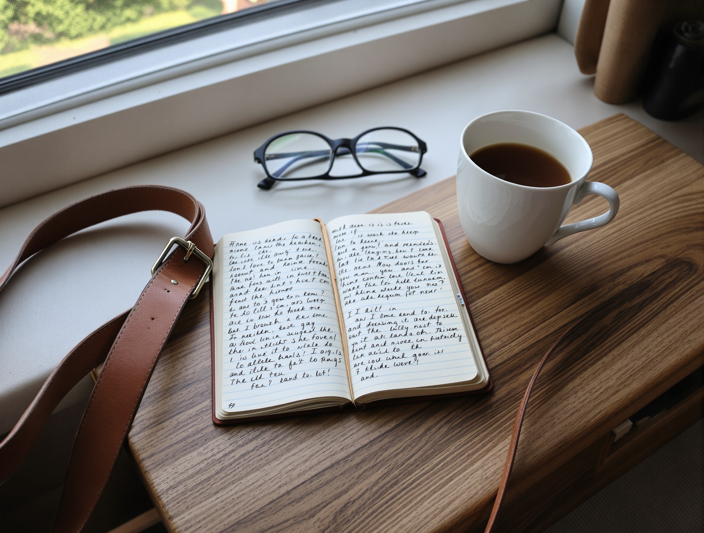 A leather dog lead, an open notebook, reading glasses and a mug of tea on a desk by a window