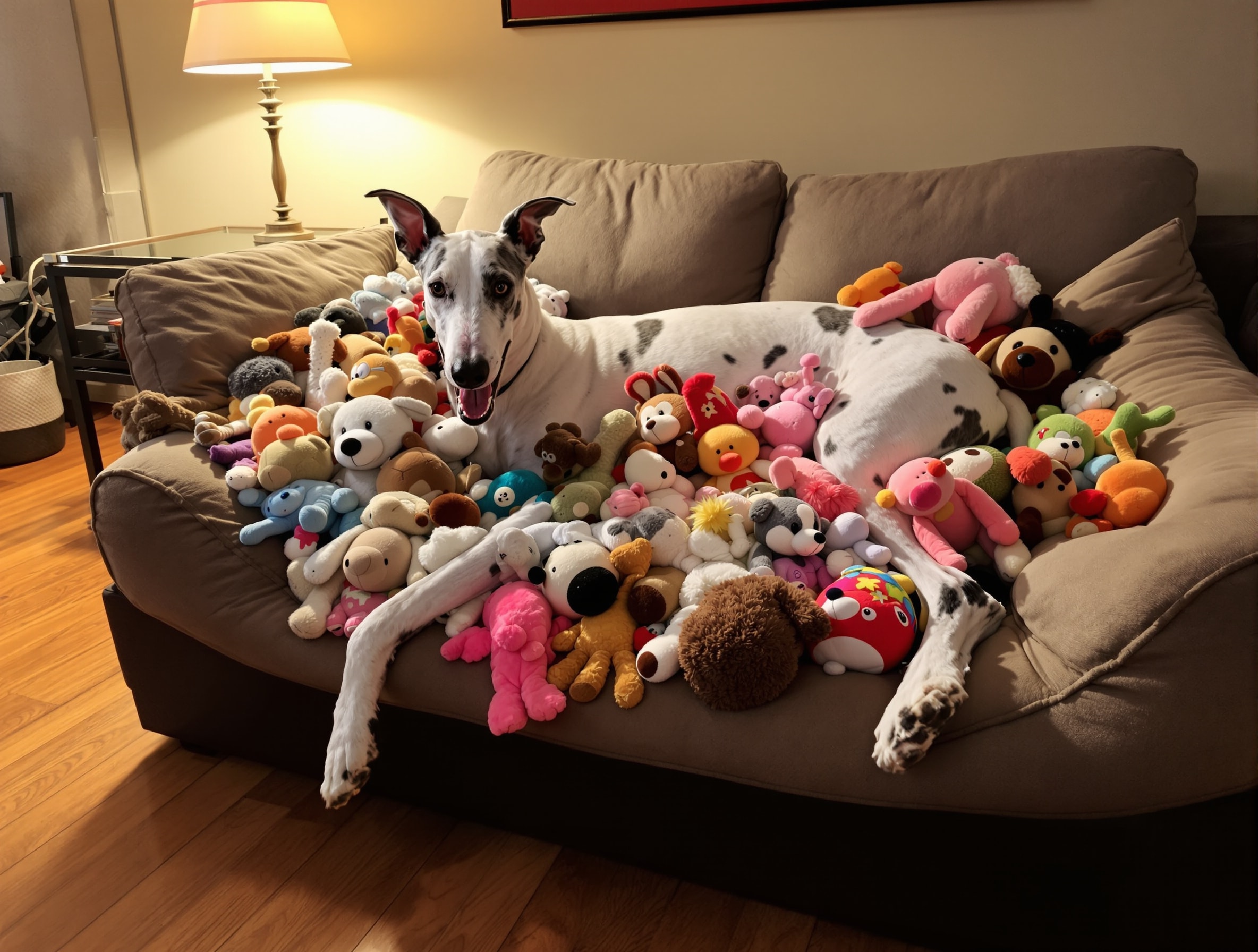 A Greyhound stretched across a couch buried under a hoarded pile of plush squeaky toys