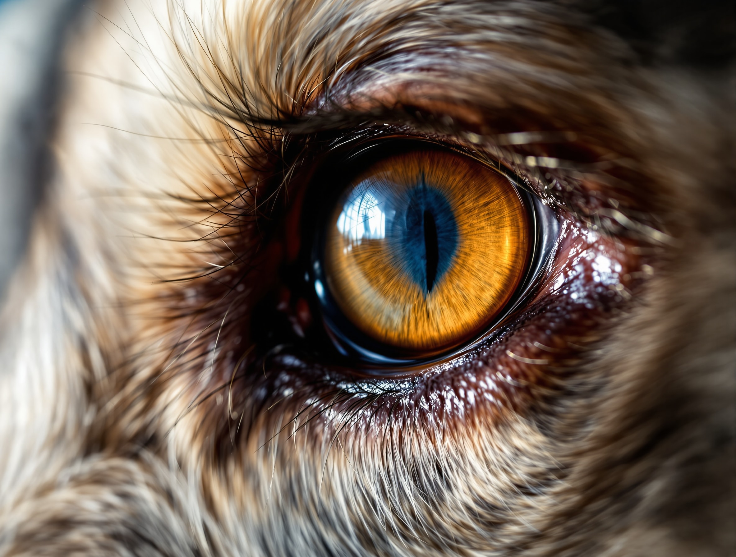 Extreme close-up of a dog's eye showing a clear cornea and a bright amber iris