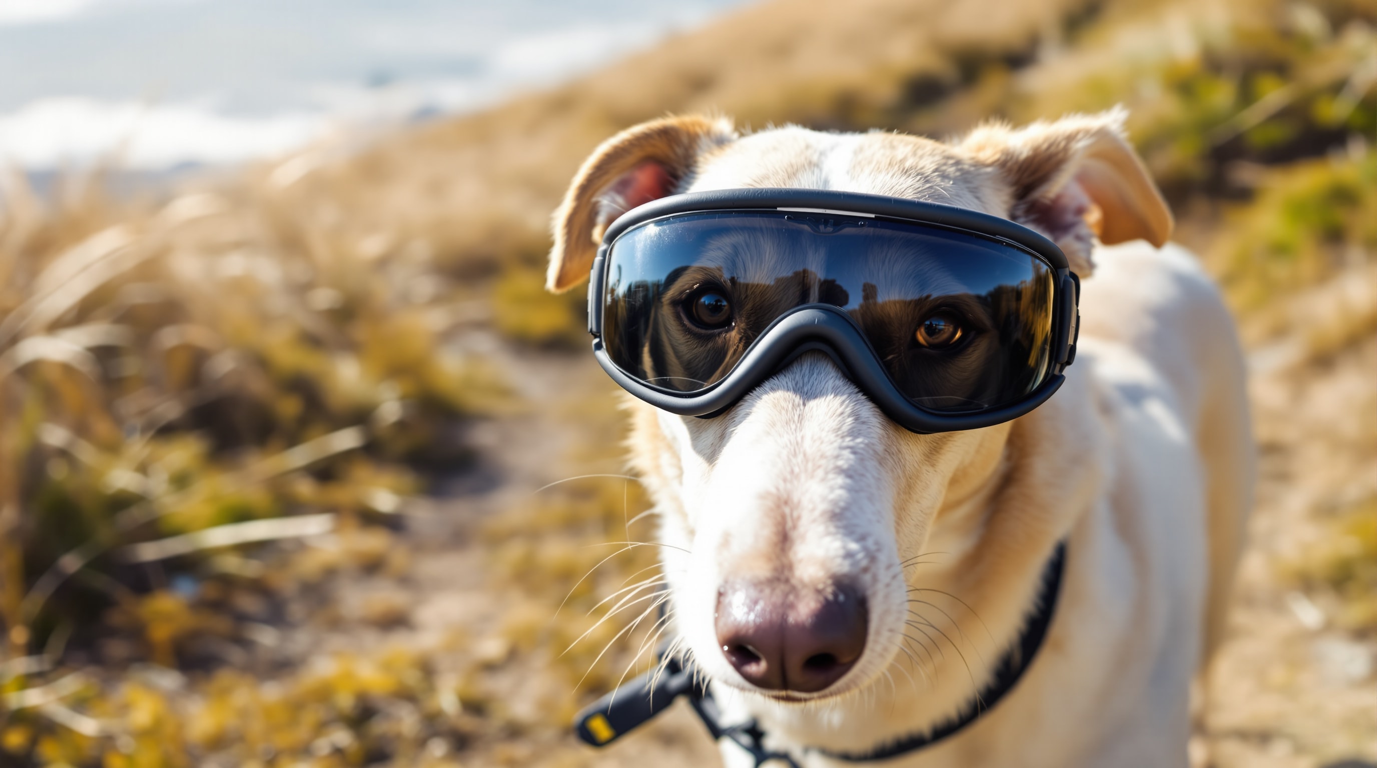 A Greyhound wearing wrap-around protective goggles on a sunny coastal path