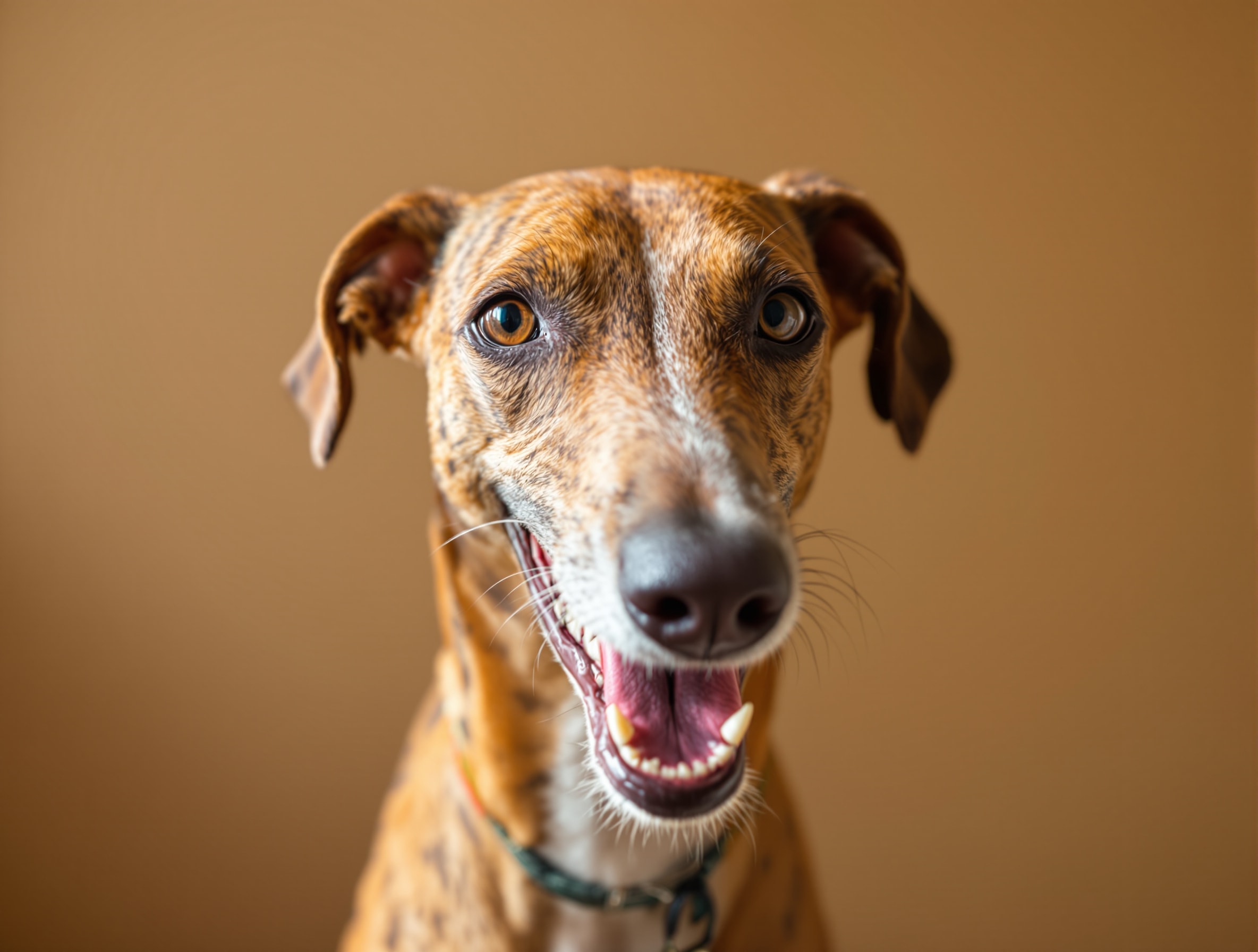 A red brindle Greyhound with a greying muzzle, mouth open in the wide Greyhound smile