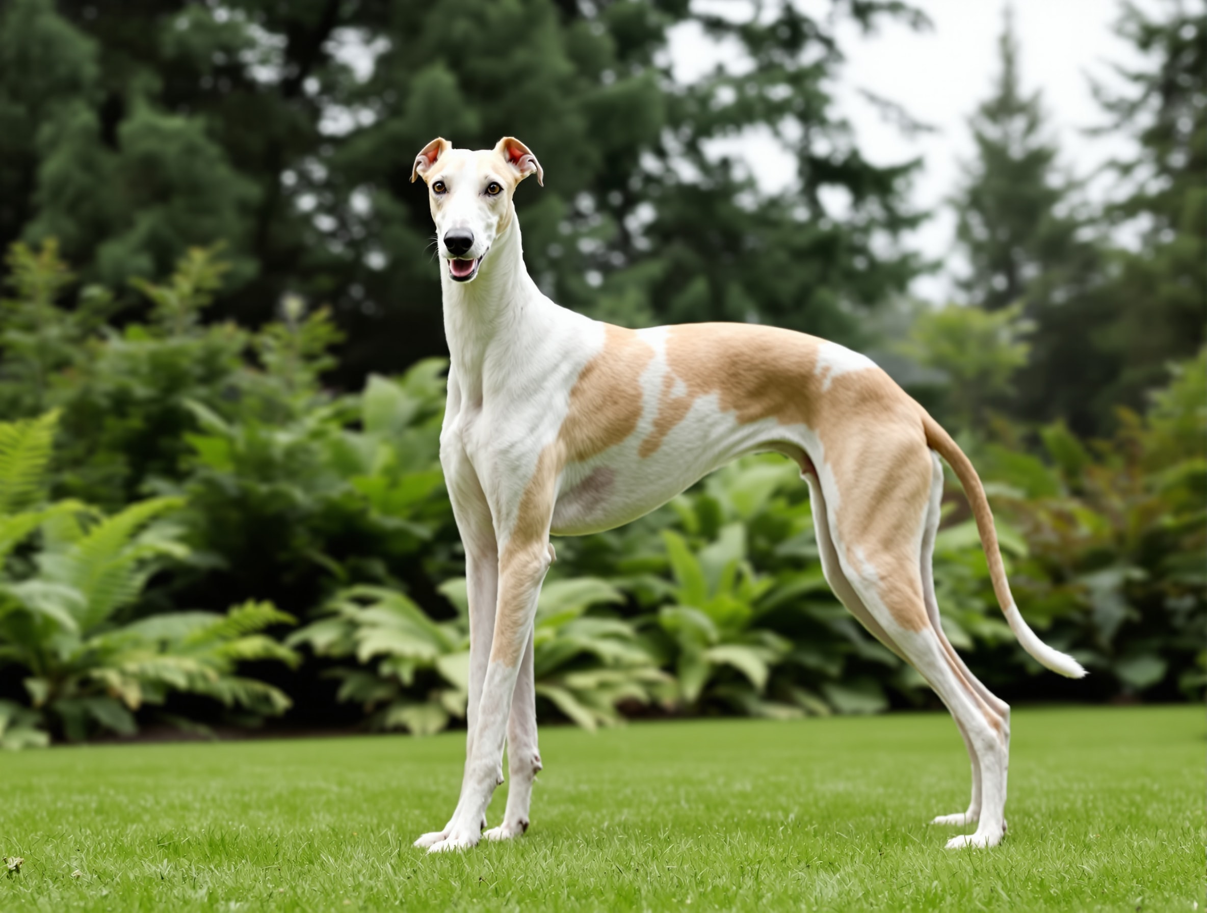 A tall white and fawn Greyhound standing on a lawn in front of dense Pacific Northwest greenery