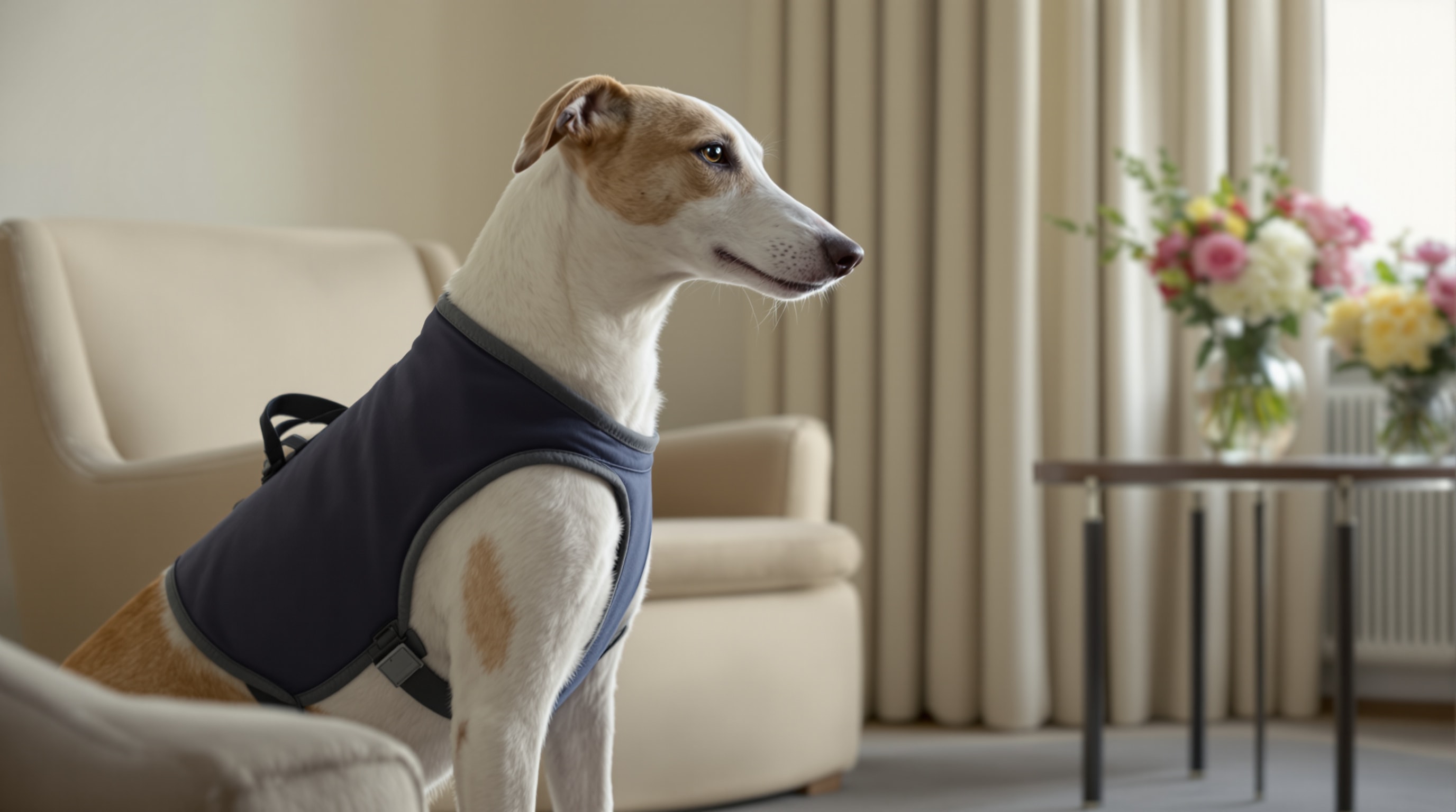 A white and fawn Greyhound in a plain unmarked vest sitting in a quiet, bright sitting room