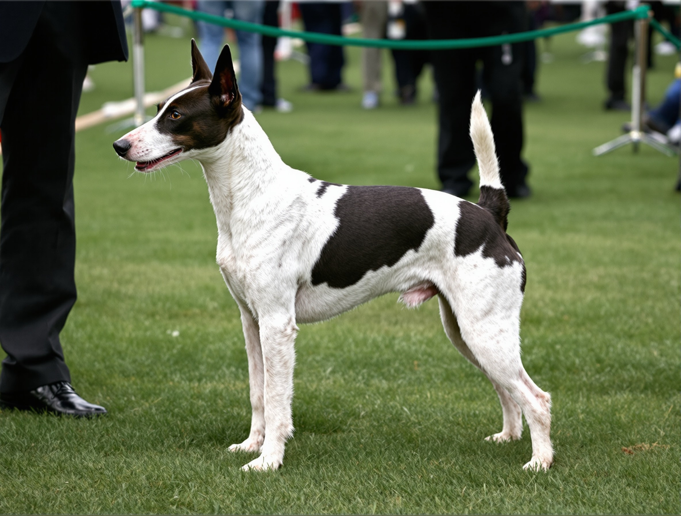 A Smooth Fox Terrier stacked in show stance on close-cut grass, showing the breed's square outline