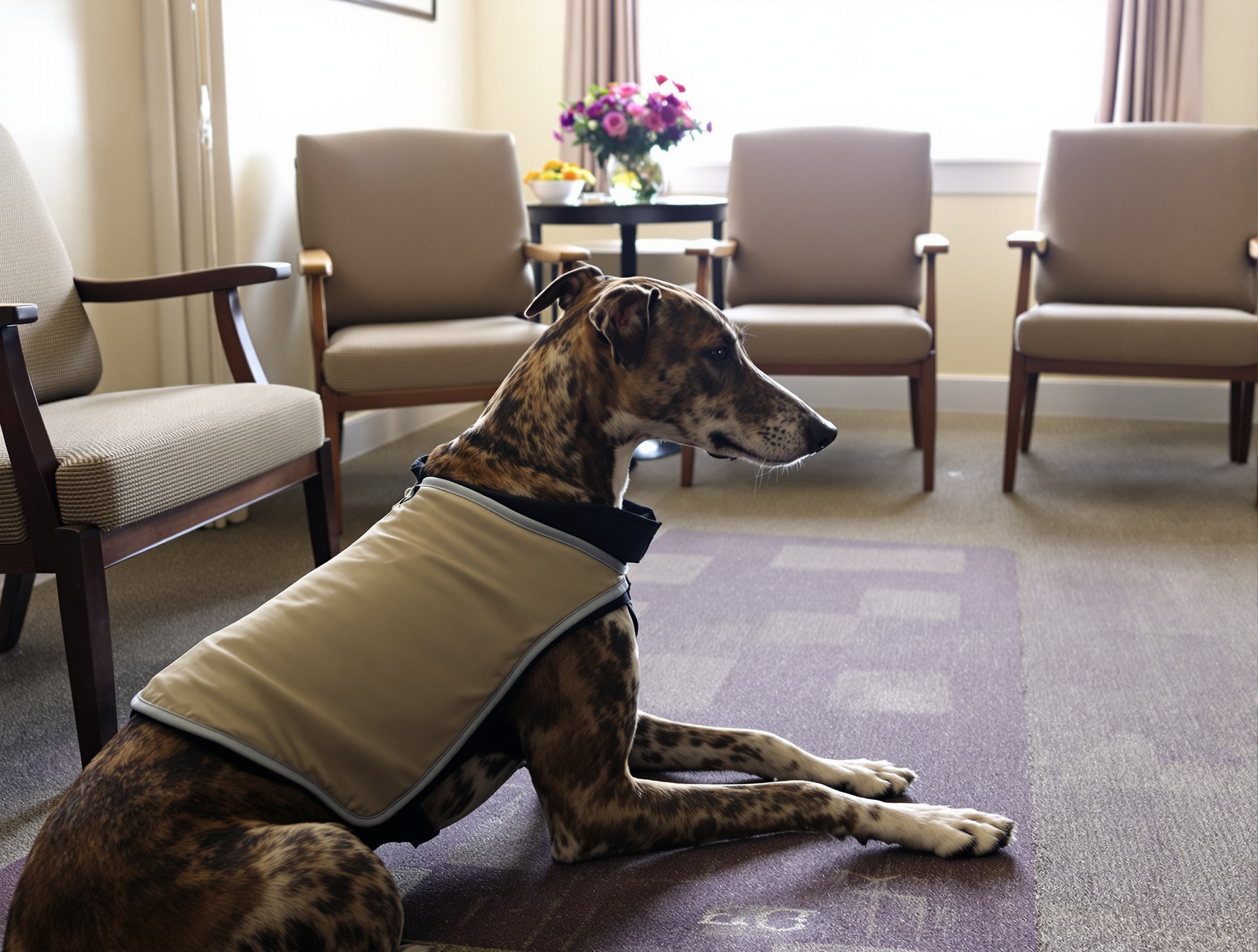 A brindle Greyhound in a plain unmarked vest lying calmly on a rug in a sunlit day room of empty chairs