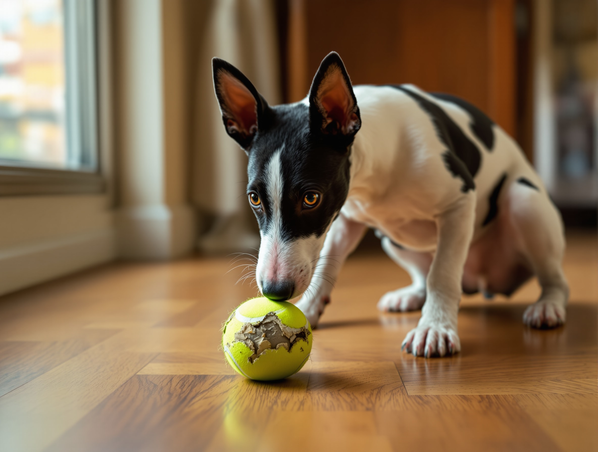 A Smooth Fox Terrier crouched over a chewed tennis ball, staring at it with total concentration